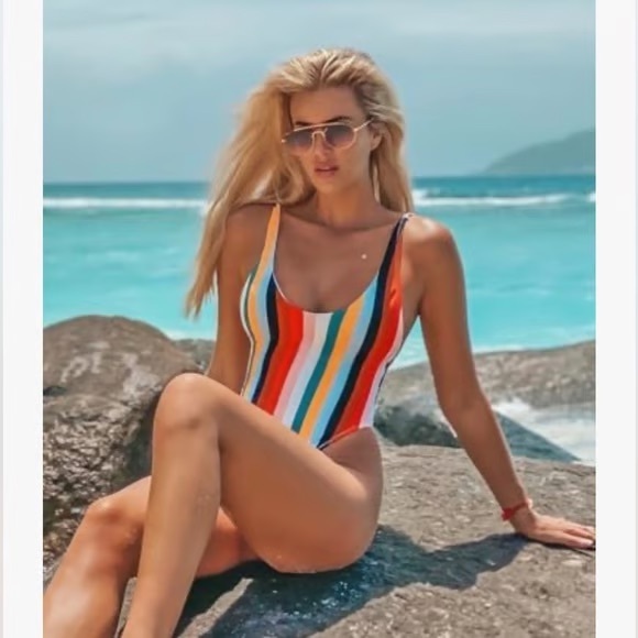 Relleciga Striped Thong One Piece Swimsuit High Cut Low Back Bathing suit Large - Picture 2 of 11